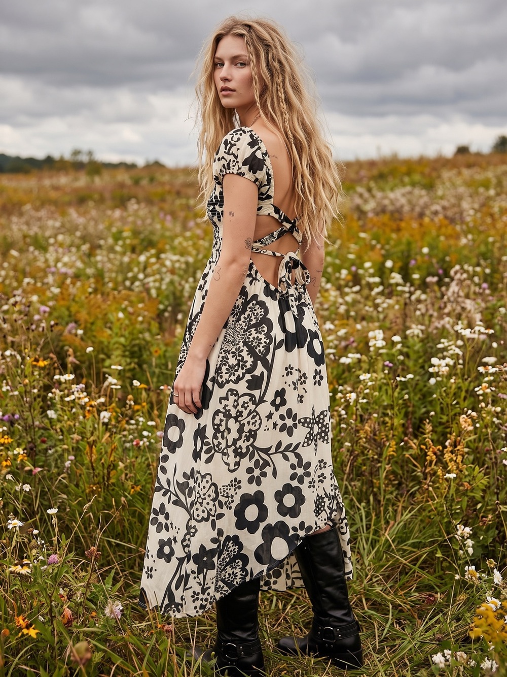 Free People Bohemian Ultraviolet Midi Maxi Dress Black White Floral Size Small